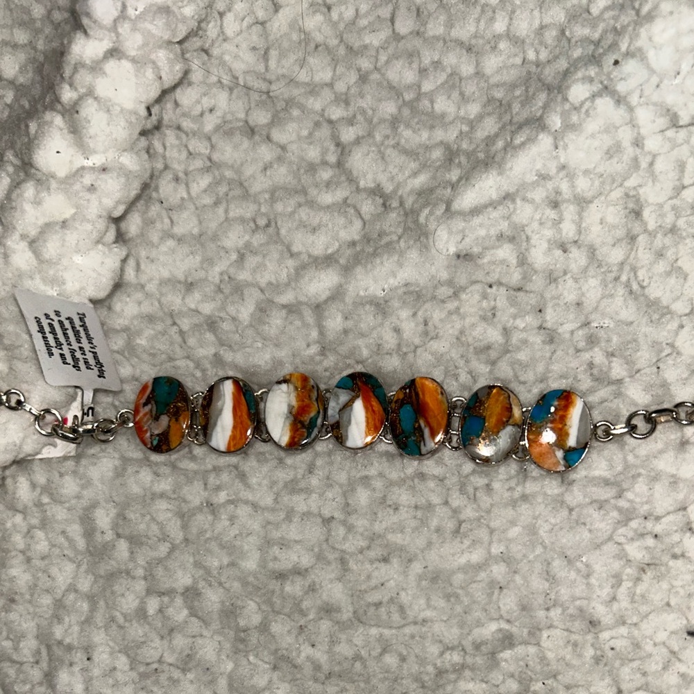 NEW 925 Sterling Silver Spiny Copper Turquoise Oval Link Bracelet - Picture 3 of 14